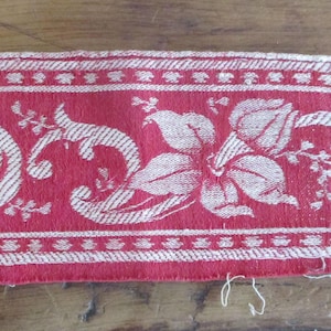 Antique Silk Ribbon Trim French 1800&#39;s RARE Red Beige Lily Acanthus Leaves