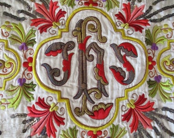 Antique Silk Metallic Vestment French Embroidery Sequins 19 1/2" x 17 1/4" 1800's Gorgeous