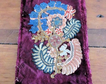 Antique Silk Velvet Embroidery 15 1/2" x 8 1/4" Ottoman Metallic Slip RARE (C)