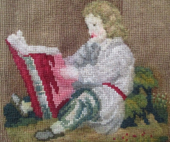 Large 27 Needlework Art 1850s Antique Victorian Petit Point Needlepoint Troubadour Courting Lady Tapestry Scene