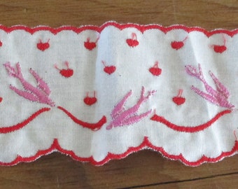 Antique Cotton Trim French Swallows Embroidery Hirondelles 1920's-30's White Red Edging DARLING