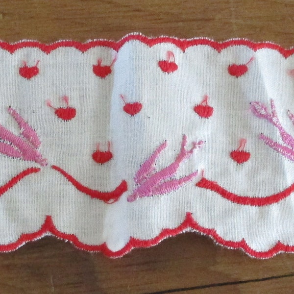 Antique Cotton Trim French Swallows Embroidery Hirondelles 1920's-30's White Red Edging DARLING