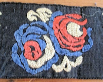Antique Silk Ribbon French Edwardian c.1910's Roses GORGEOUS Black Blue Orange Beige