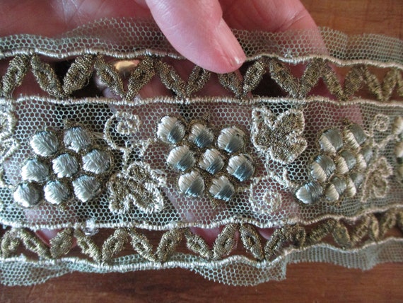 Antique Trim Tulle Embroidered Silk Metallic Edwardian French Net Lace Green Beige Gold GORGEOUS Samples