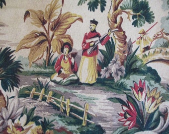 Vintage Cotton Barkcloth Chinoiserie Asian Fabric Curtain 41 1/2&quot; x 72&quot; RARE