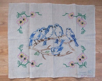 Antique Bluebirds Embroidery Linen Panel FRENCH 1930's Farmhouse SWEET for Pillow SIGNED Marie Mallet