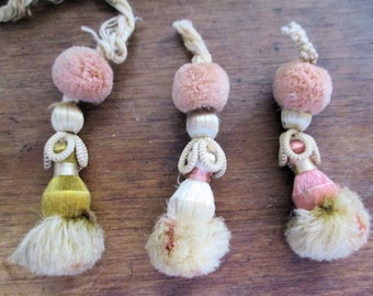 Antique French Tassels Silk Chenille Bobbles French 1800s DARLING Pink Yellow Cream