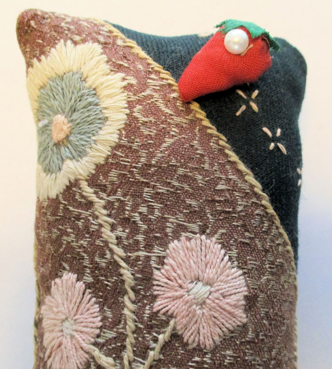 Antique Pincushion Handembroidered Emery Strawberry 1800's Americana