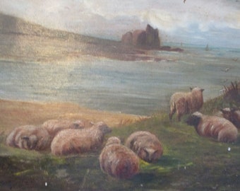 Antique Oil Painting Sheep Folk Art Landscape Signed 1869 GORGEOUS