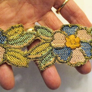 Antique Trim Rayon Metallic 1920&#39;s Woven Blue Pink Green Yellow Copper UNUSUAL