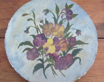 Antique Pansies Oil Painting Folk Art Papier Mache Plate American c.1920's Lovely