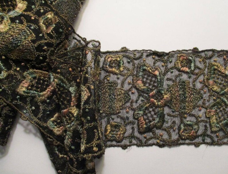Antique Net Lace Trim LAST 23 Edwardian Metallic Embroidered Trim Gorgeous