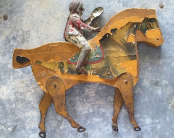 Antique Horse Toy Folk Art Victorian Tin Rider Lithograph 1800's UNIQUE