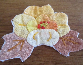 Vintage Applique Linen Embroidery Yellow Orange Flower CHARMING (C)