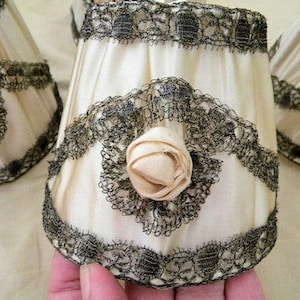 Antique Lamp Shades French Set Silk Metallic Lace Ribbon Rosettes FABULOUS