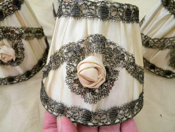 Antique Lamp Shades French Set Silk Metallic Lace Ribbon Rosettes FABULOUS