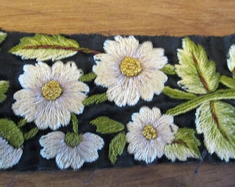 Antique Ribbon Silk French Black Trim Roses Pansies Embroidery Victorian c.1880's GORGEOUS