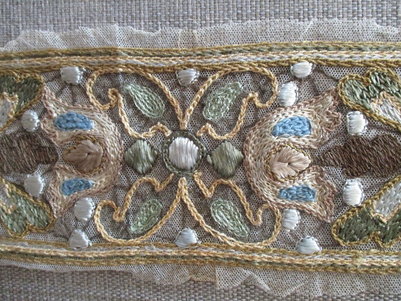 Antique Trim Net Lace Metallic Embroidered Edwardian 1910s Belgium #1