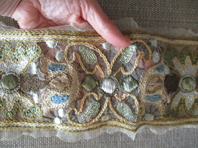 Antique Trim Net Lace Metallic Embroidered Edwardian 1910s Belgium #1