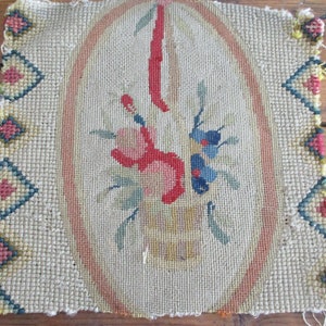Antique Needlepoint Victorian Roses French Fragment Beautiful &quot;C&quot;