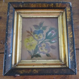 Antique Folk Art Theorem Painting 1800&#39;s Watercolor Velvet American Pansies STUNNING