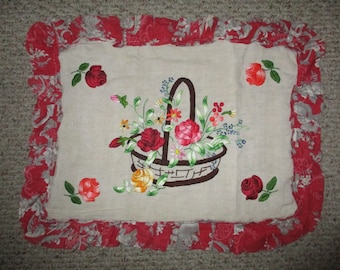 Antikes Leinen Kissen Französische Bauernhaus Sham Rosen Stickerei 1920er Jahre