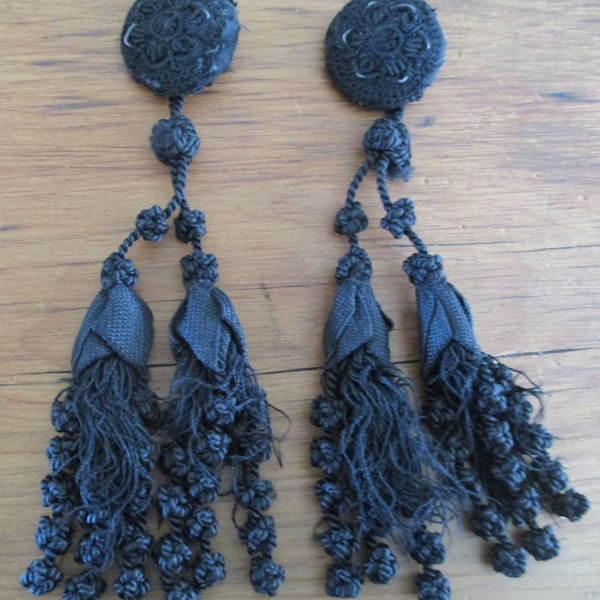 Antique Tassels Silk Pair Bobbles French Victorian Mourning FABULOUS