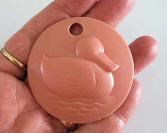 Vintage Duck Pendant Plastic Disc Mid-Century Plakies 1940s Pink or Red