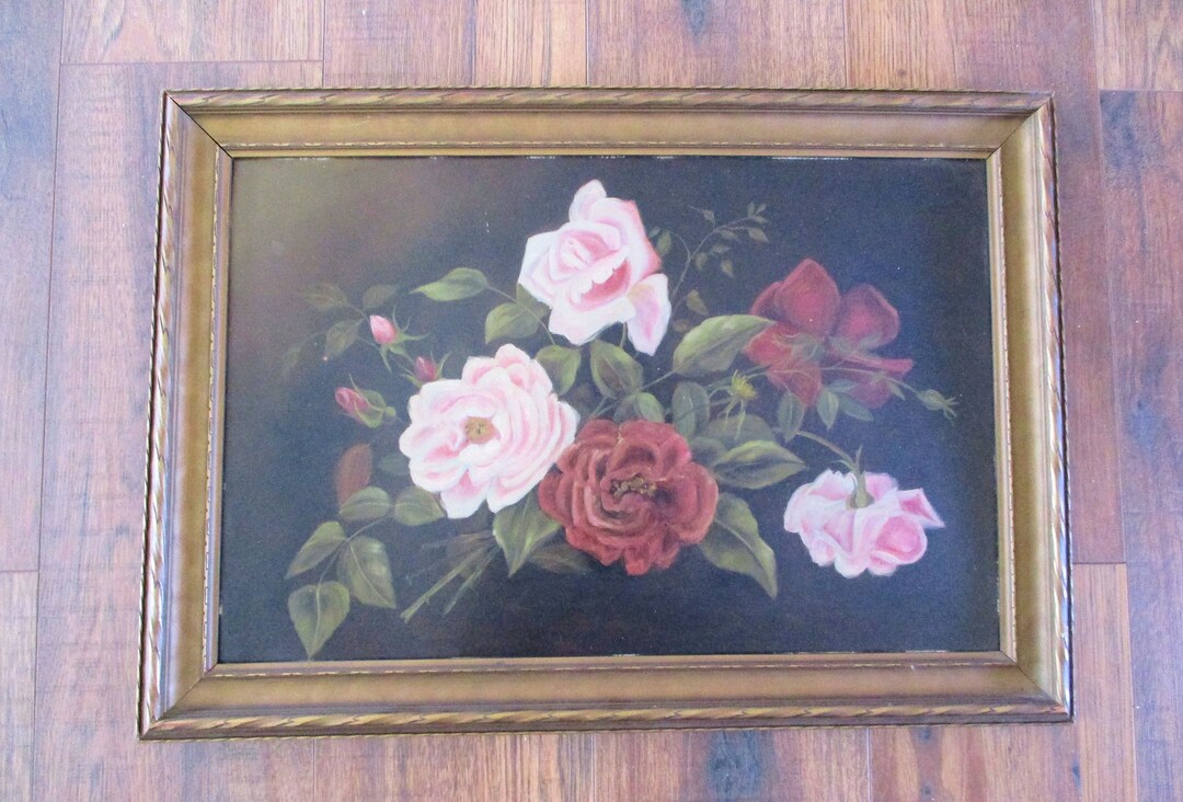 Antique Oil Painting Roses Victorian Still Life Folk Art Original Wood ...