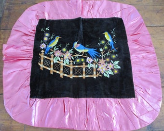 Antiker Seidenstickerei Französischer Kissenbezug Samt Vögel Chinoiserie 1920er-30er Jahre EXQUISITE