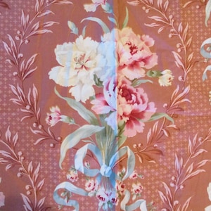 Antique French Cotton Fabric Sample Roses Blue Ribbon Satin Couverture Lovely
