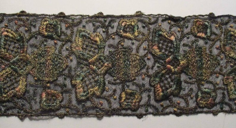 Antique Net Lace Trim LAST 23 Edwardian Metallic Embroidered Trim Gorgeous