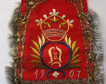 Antique Metallic Crown Embroidery Silk Heraldic Wool Panel 1907 Unusual