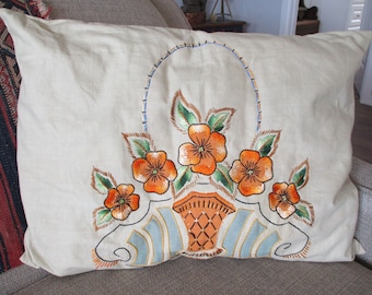 Antique Arts and Crafts Pillow Linen Silk Embroidery c.1910 Stunning
