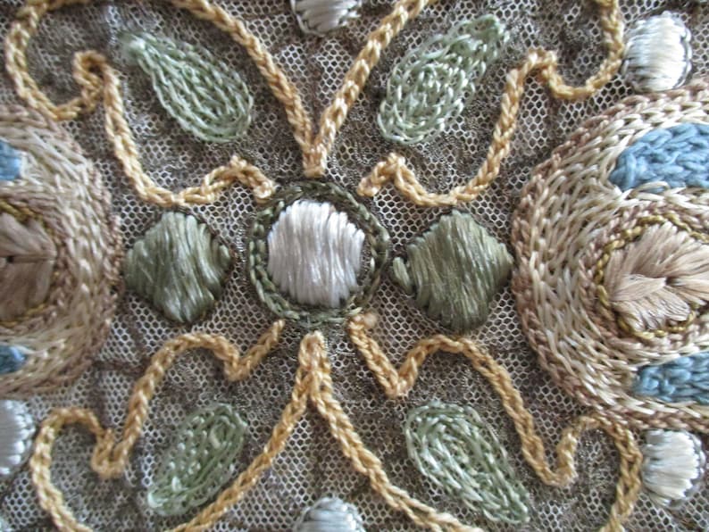 Antique Trim Net Lace Metallic Embroidered Edwardian 1910s Belgium #1
