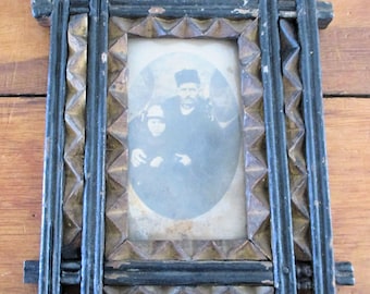 Antyczna rama sztuki włóczęgów rzeźbiona w drewnie sztuka ludowa 1900 r. niezwykła