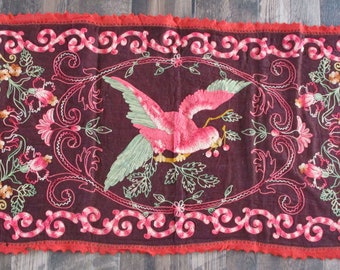Antique French Embroidery Panel Bird Table Runner Chenille Wool 1880's BREATHTAKING