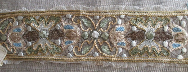 Antique Trim Net Lace Metallic Embroidered Edwardian 1910s Belgium #1
