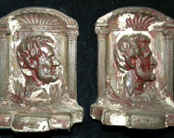 Antique Folk Art Abraham Lincoln Cast Bronze Book Ends