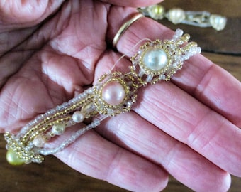 Vintage Beaded Trim (TWO LENGTHS) Art Deco Style Pink Blue Yellow Faux Pearls BEAUTIFUL
