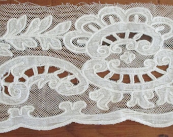 Antique Net Lace Trim Embroidered Cotton Edwardian Applied Cutwork Gorgeous