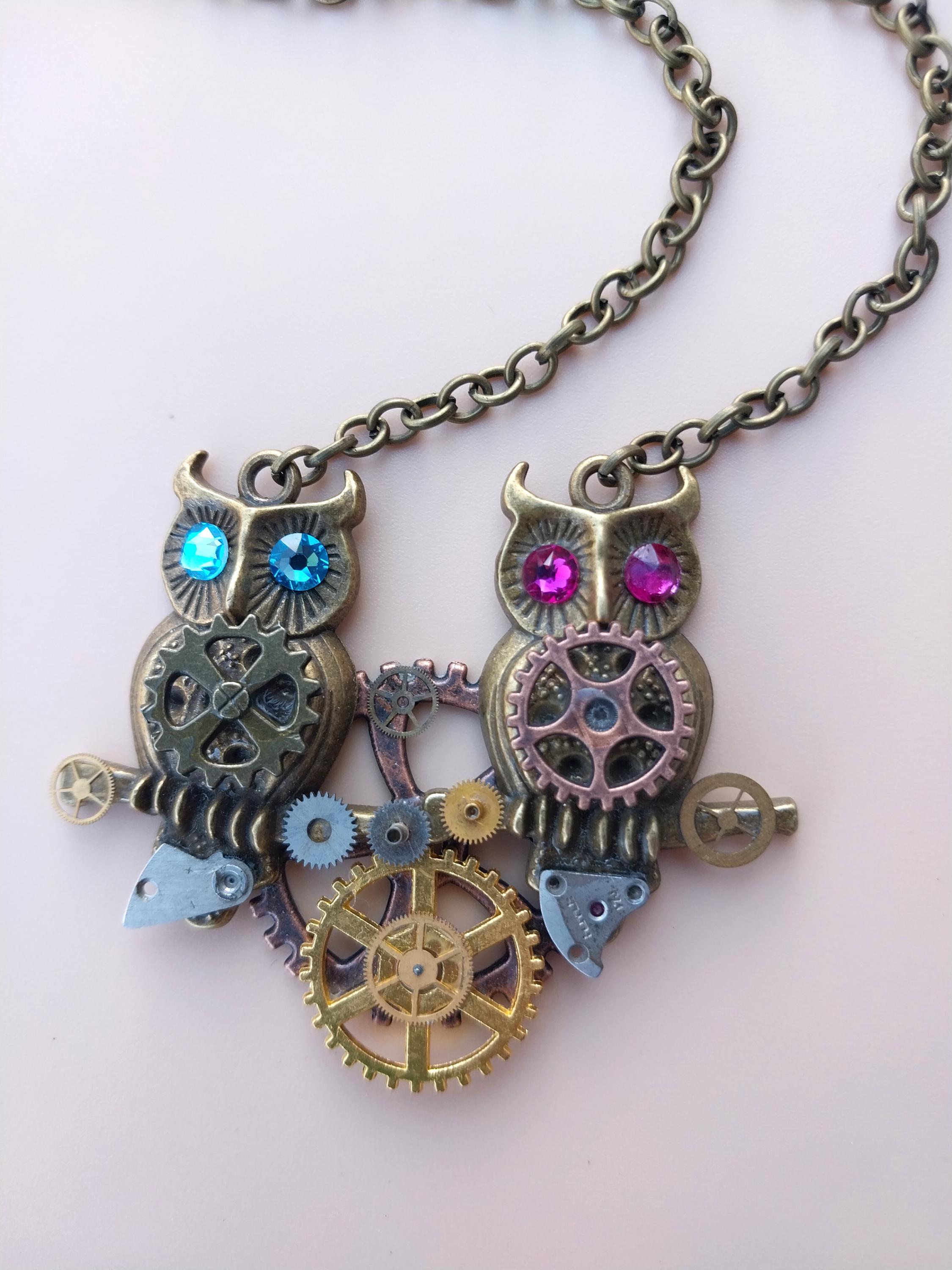 Steampunk Owl Pendant with Swarovski Crystal Eyes and Bronze and Gold Gears on Bronze Chain