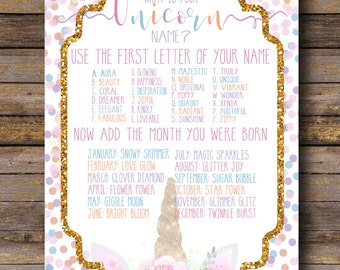 Unicorn Name Game Party Sign, Instant Download