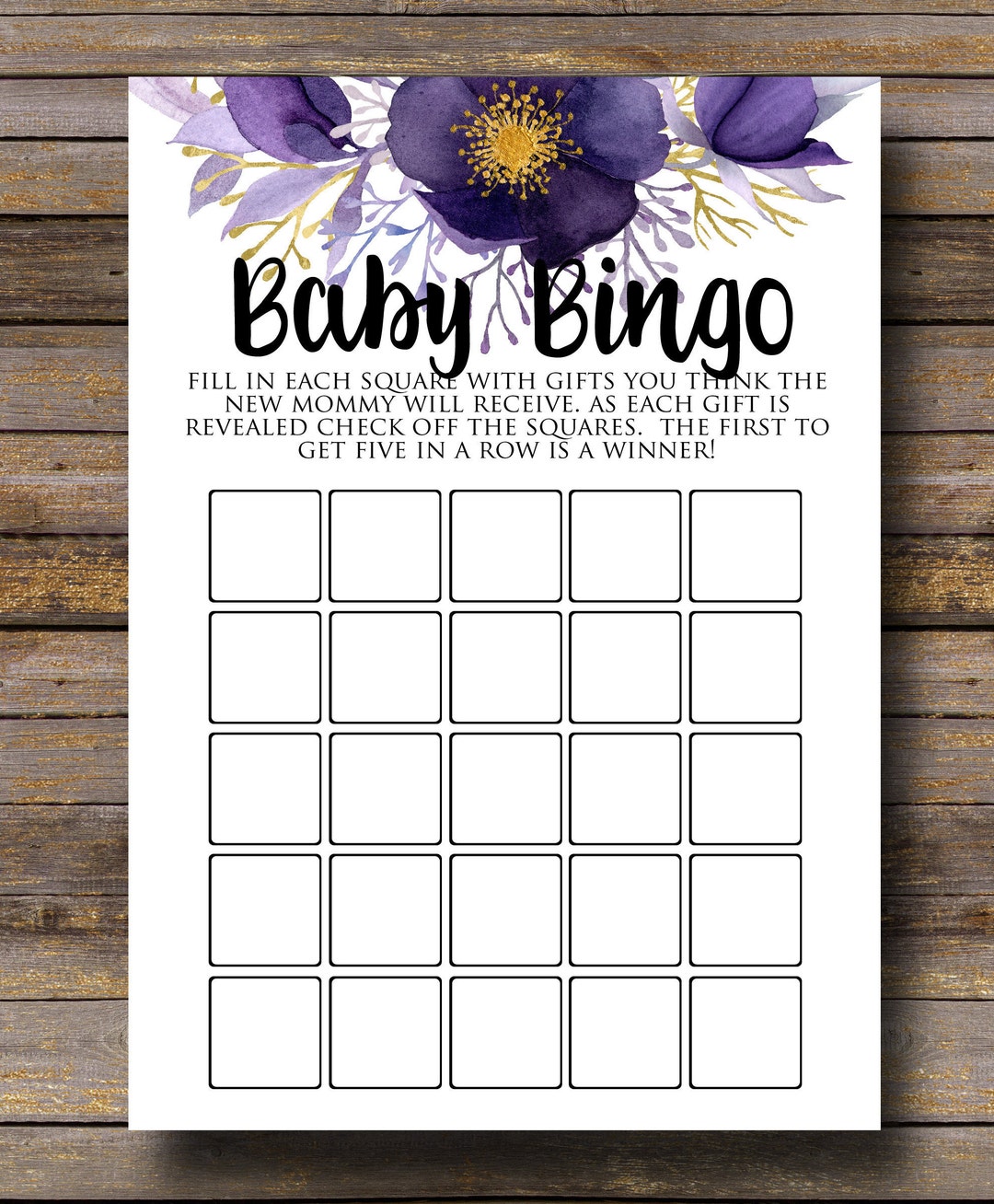 Baby Shower Bingo, Floral Purple, INSTANT DOWNLOAD, Digital - Etsy