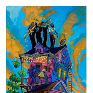 May include: Colorful painting depicting a New Orleans scene. Musicians play on a rooftop bar, with figures dancing below. The artwork features a boat-like structure with multiple levels, adorned with lights and a street lamp.