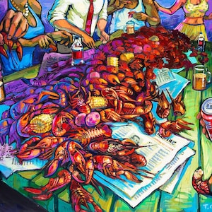 May include: A colourful painting of a crawfish boil. A large pile of cooked crawfish, corn, and potatoes is on a table with people enjoying the meal. Drinks and newspapers are also on the table. The artwork is vibrant.