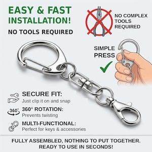 Keychain Clips No Pliers Needed, 25 50 100 Pcs Assembled Swivel Connectors, Spring Gate Ring and Lobster Clasp, Silver Bag Charm Hardware