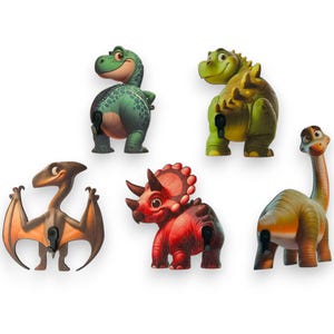 May include: Five colorful dinosaur-shaped hooks, each with a different design and color. The hooks are made of wood and have a black metal hook on the back. The dinosaurs are a green T-Rex, a green Triceratops, a red Triceratops, a brown Pterodactyl, and a green Brachiosaurus.