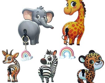 Safari Animal Wall Hooks for Kids – Set of 5 Wooden Coat Hangers with Metal Tail Hooks | Jungle Nursery Decor Featuring Giraffe