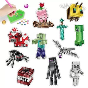 May include: A collection of diamond painting stickers featuring Minecraft characters and objects. Includes a green Creeper, a yellow bee, a red and white mushroom, a zombie, a spider, and a TNT block.